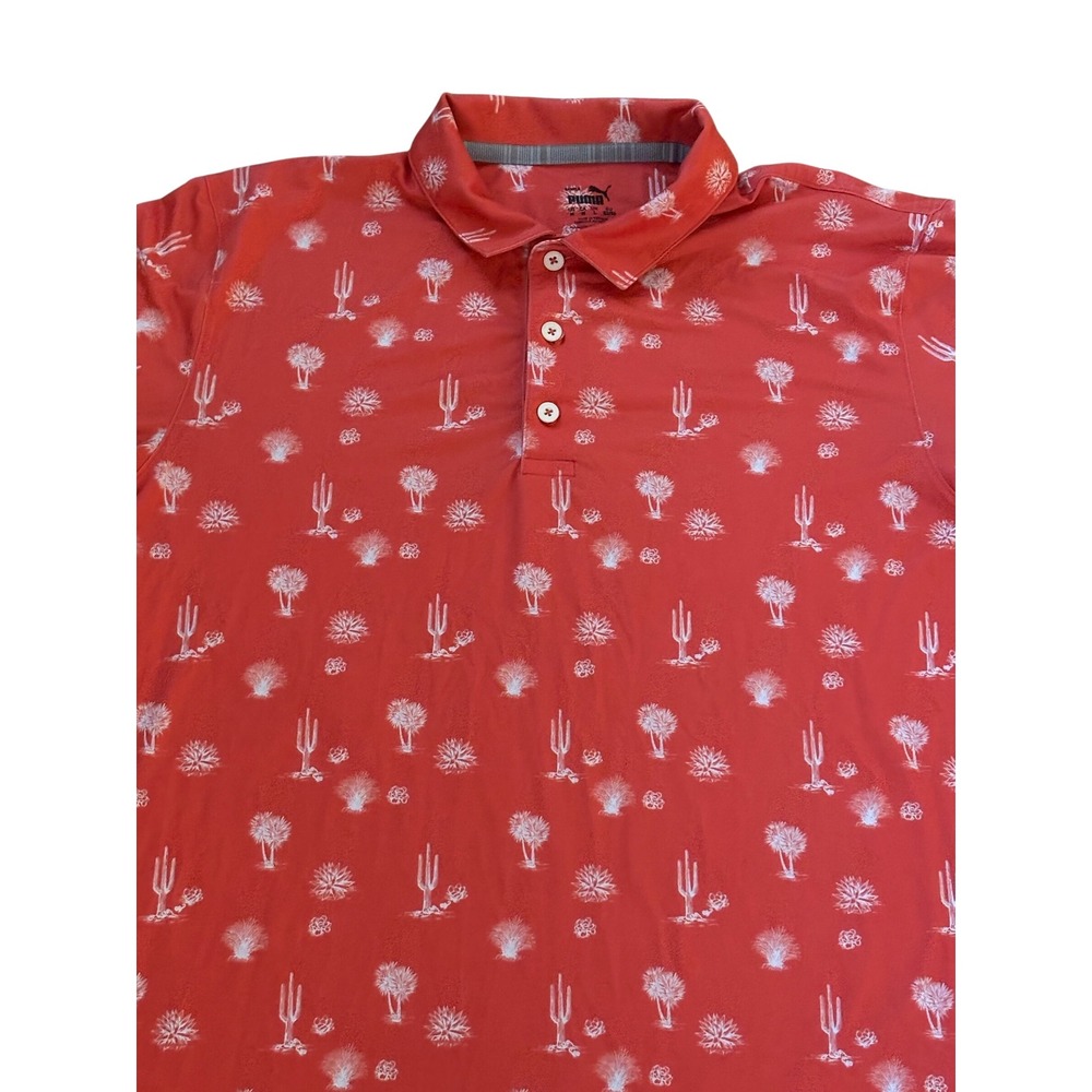 Puma Golf Cloudspun Conservation Polo Shirt Mens Medium Orange Cactus AOP Print